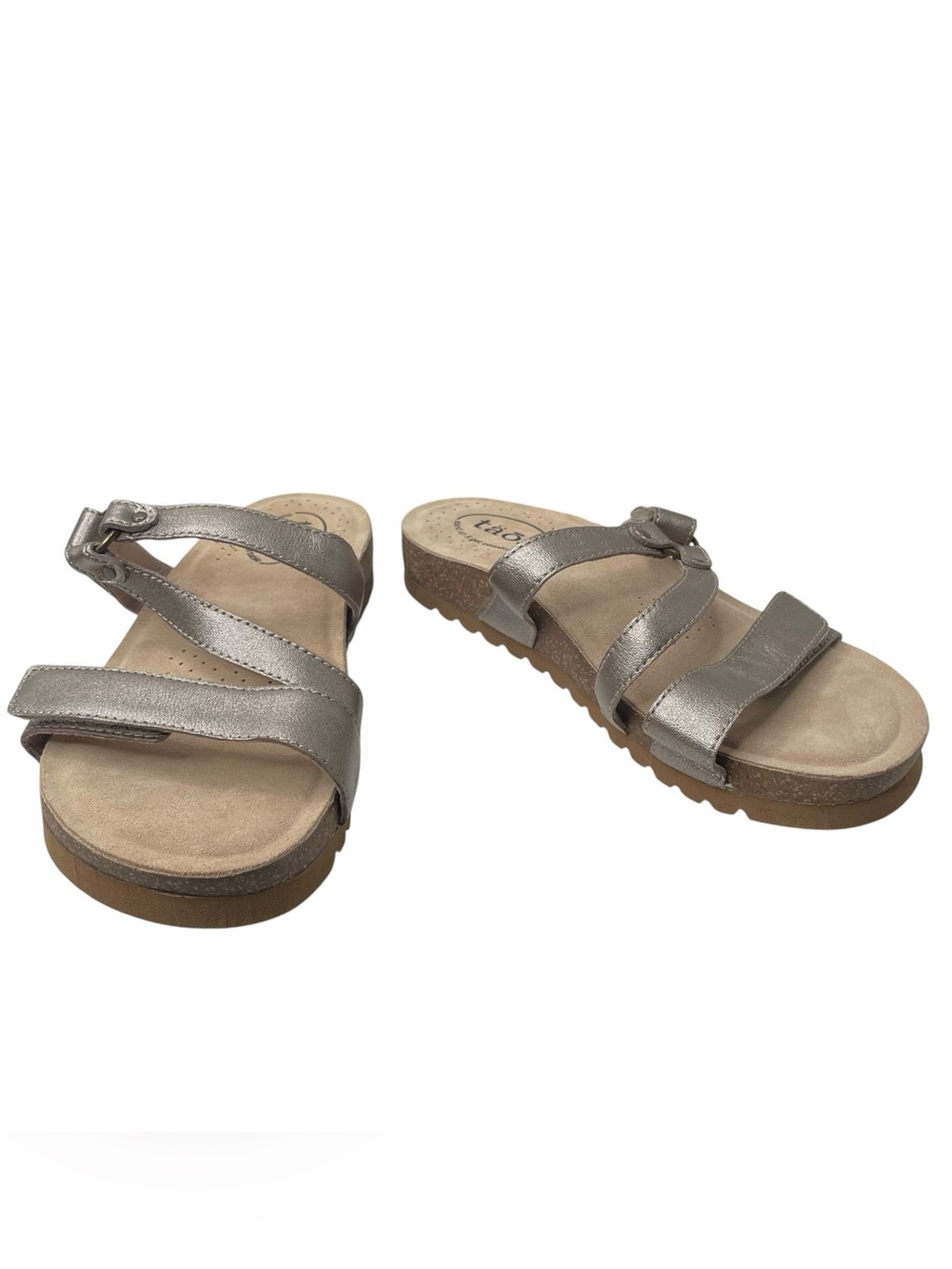 Taos Womens Size 8 38 RINGSLIDE Champagne Metallic Leather Slide Strappy Sandals
